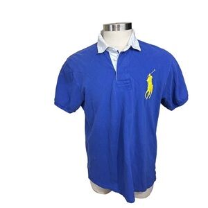 Polo Ralph Lauren Custom Fit Men Blue & Yellow Big Pony SS Rugby Polo Sz XXL 2XL